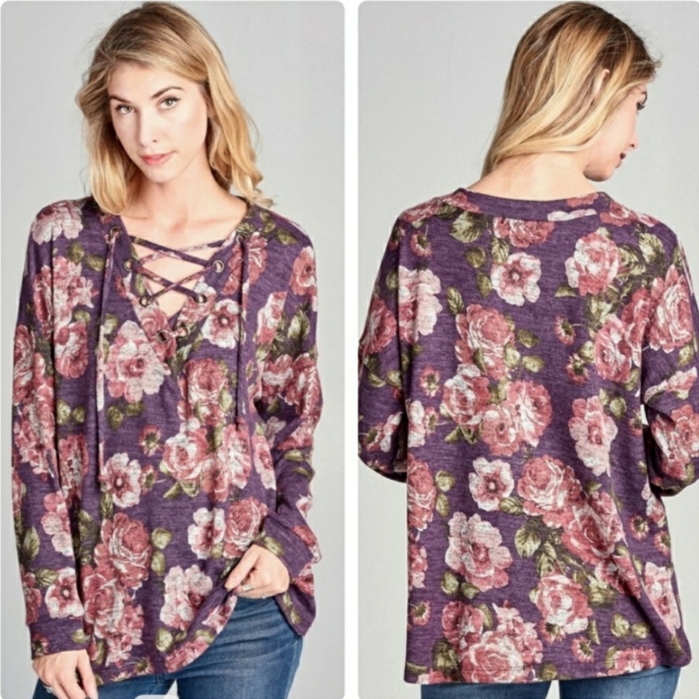 Super Soft Lace Up Floral Top